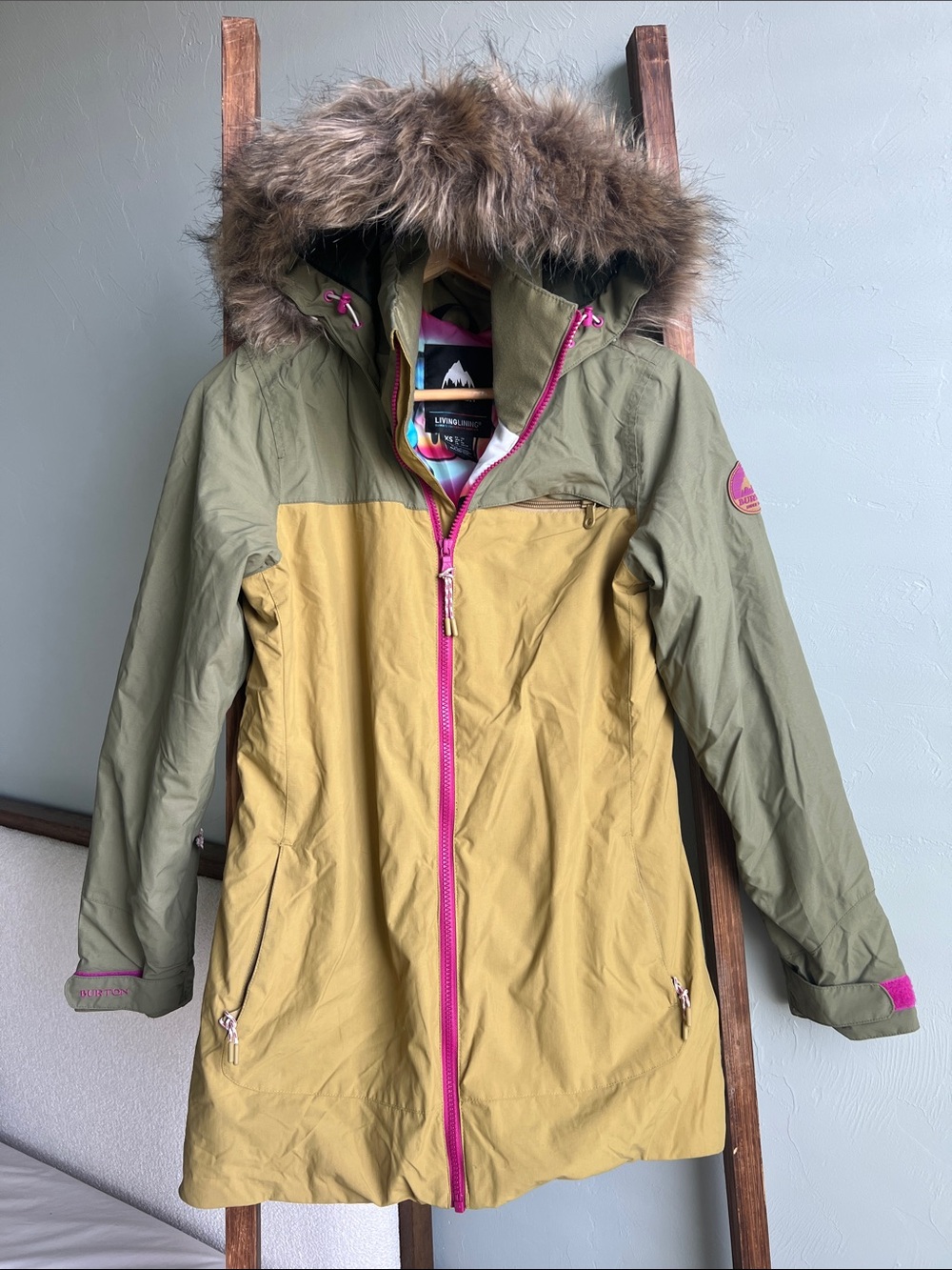 Burton Olive Woman’s Hooded Puffer Jacket with Faux Fur Trim
